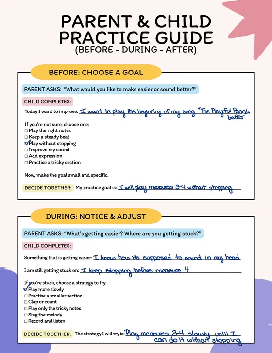 First page of a completed Parent and Child Practice Guide example